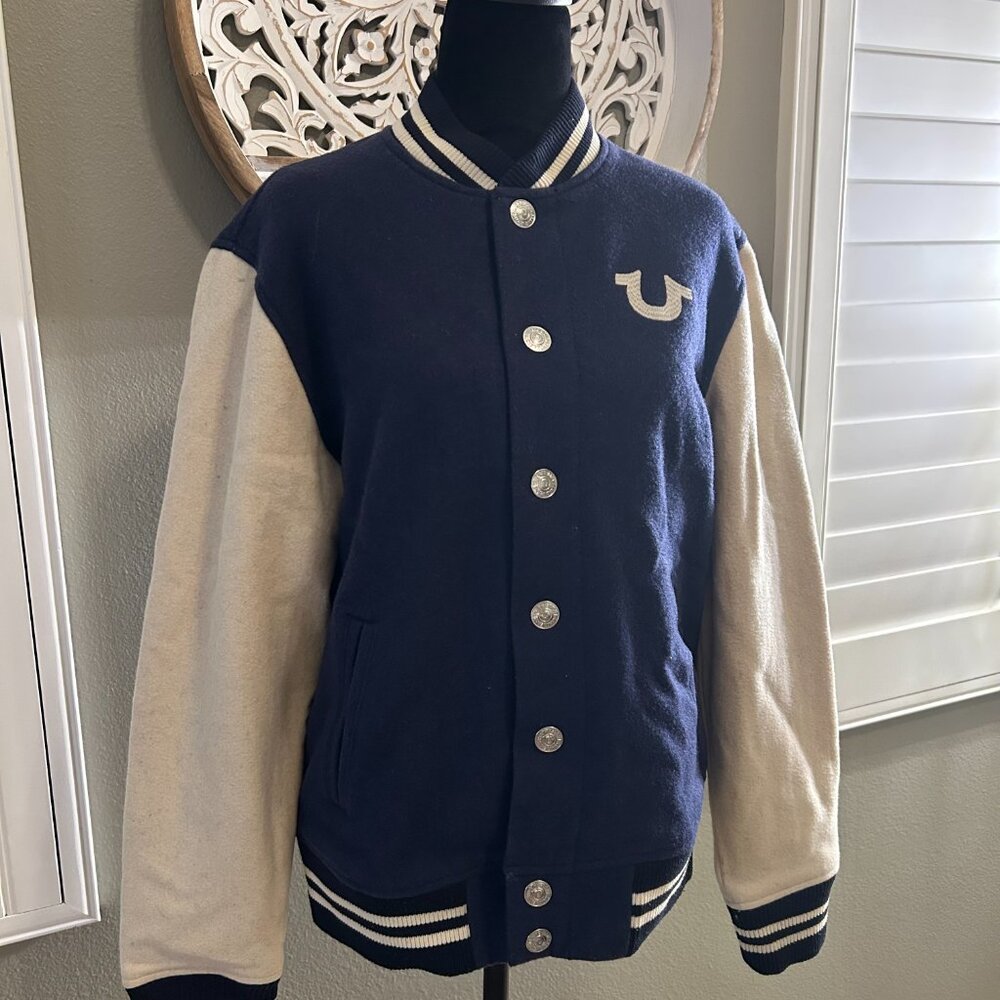 True Religion Varsity Letterman Jacket Wool Blend Snap Front Y2K Streetwear - Picture 3 of 12